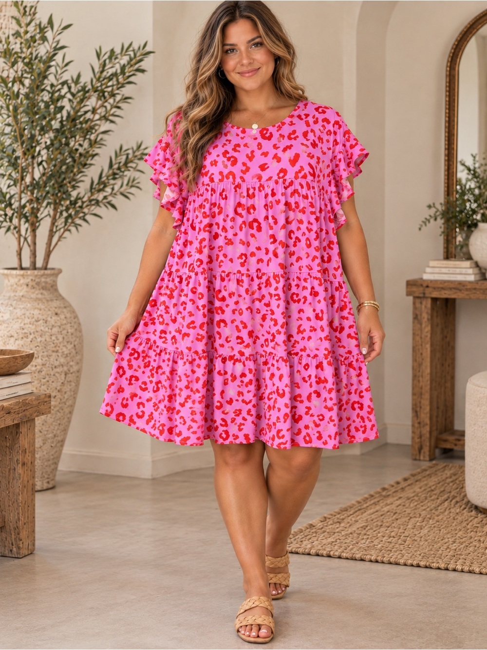 Pink Leopard Babydoll Tiered Swing Mini Dress Dopamine Maximalist XL